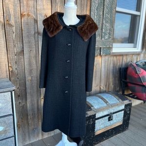 Classic Black Women's Coat with Brown Mink Collar